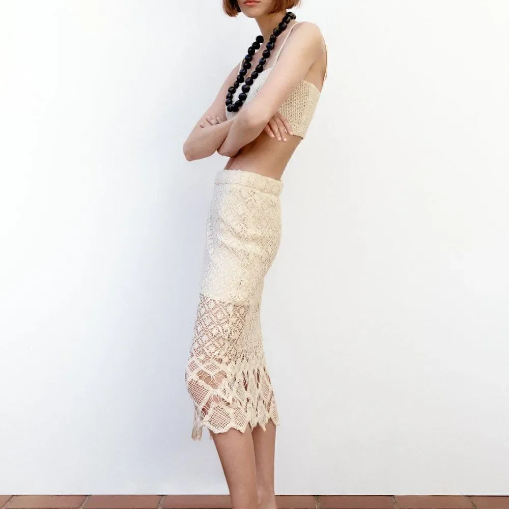 ZARA CROCHET STRAIGHT SKIRT ECRU - Picture 7 of 9